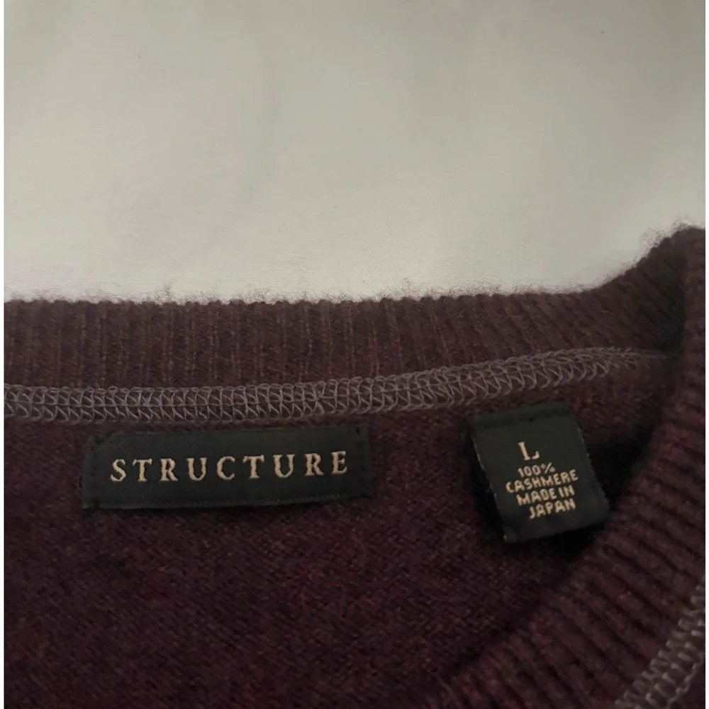 Structure Mens 100% Cashmere Sweater Burgundy‎ Crewneck V-Stitch Made in Japan L